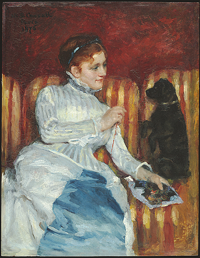 Woman on a Striped Sofa with a Dog